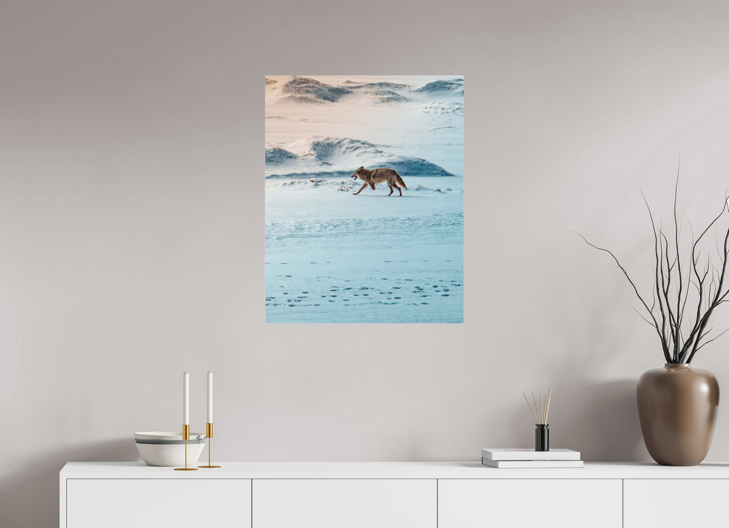 60 x 75 cm, Photo Print Under Acrylic Glass Coyote on the frozen river