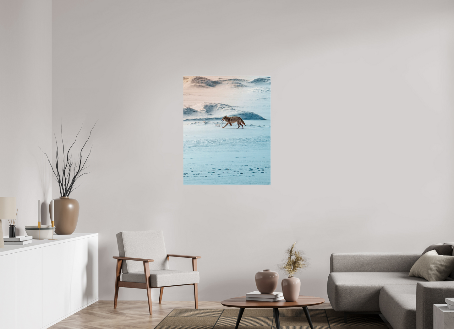 80 x 100 cm, Photo Print Under Acrylic Glass Coyote on the frozen river