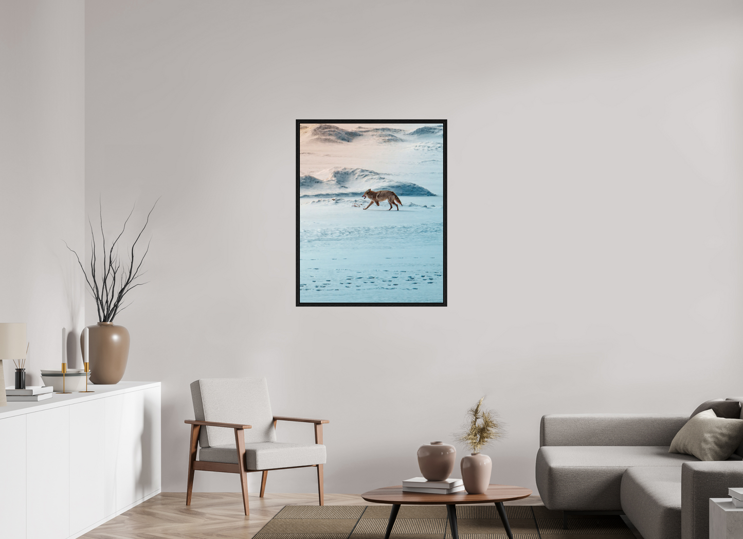 80 x 100 cm, Floater Frame Coyote on the frozen river